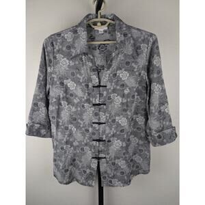 Dress Barn gray floral Asian print 3/4 sleeve top frog closure